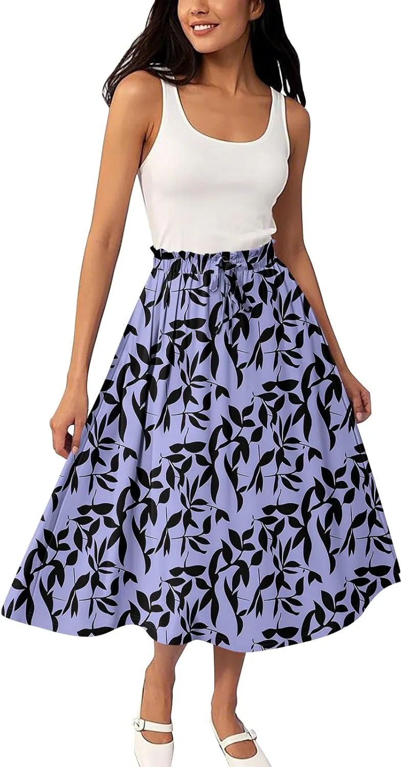ADHOWBEW Boho Skirts for Women Cute Beach Plus Size Ruffle Trendy A Line Midi Length High Waisted Casual Flowy Spring Skirts