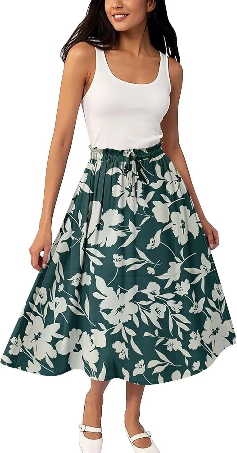 ADHOWBEW Boho Skirts for Women Midi Length Ruffle Cute Flowy High Waisted Trendy Beach Casual A Line Plus Size Spring Skirts