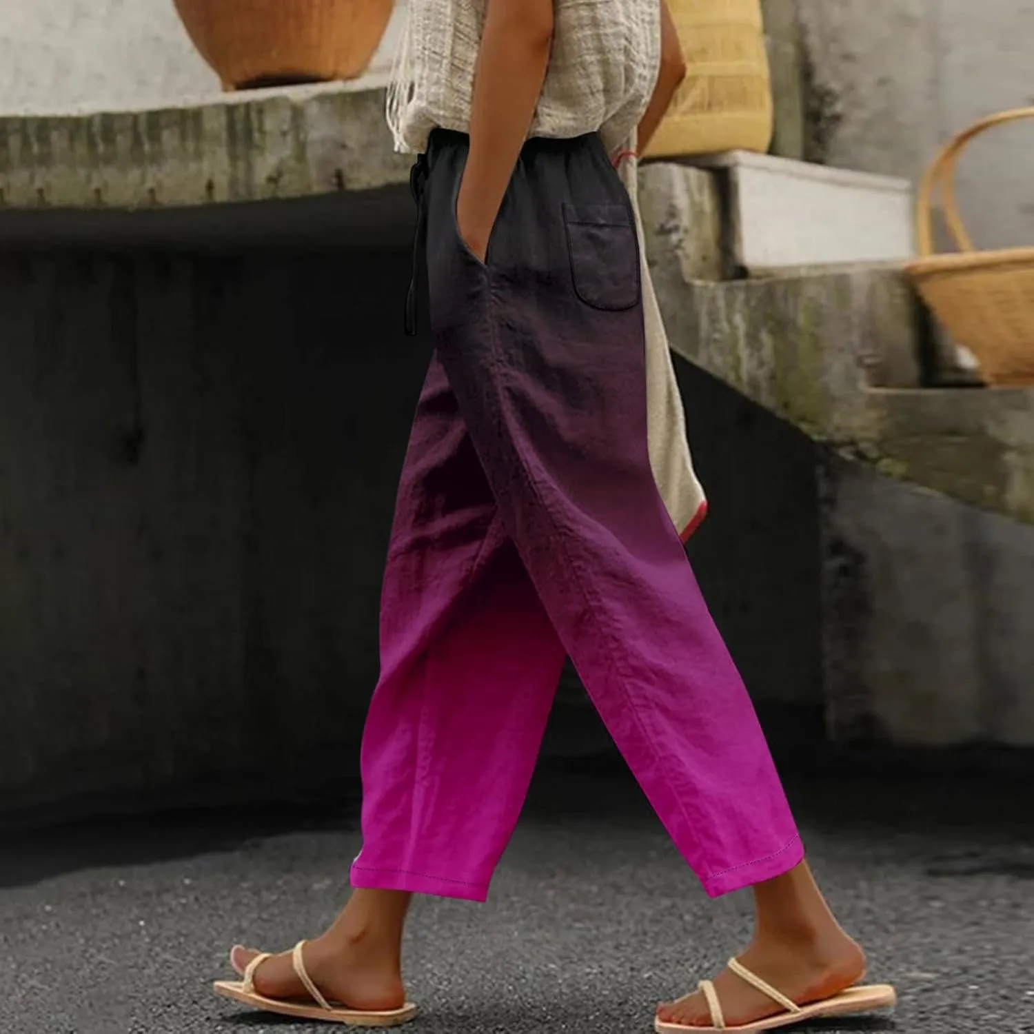 ADHOWBEW Linen Pants Women Petite Summer 2025 Vacation Elastic Waist Trendy Casual Loose Fit Flowy Cover Ups Lounge Pants