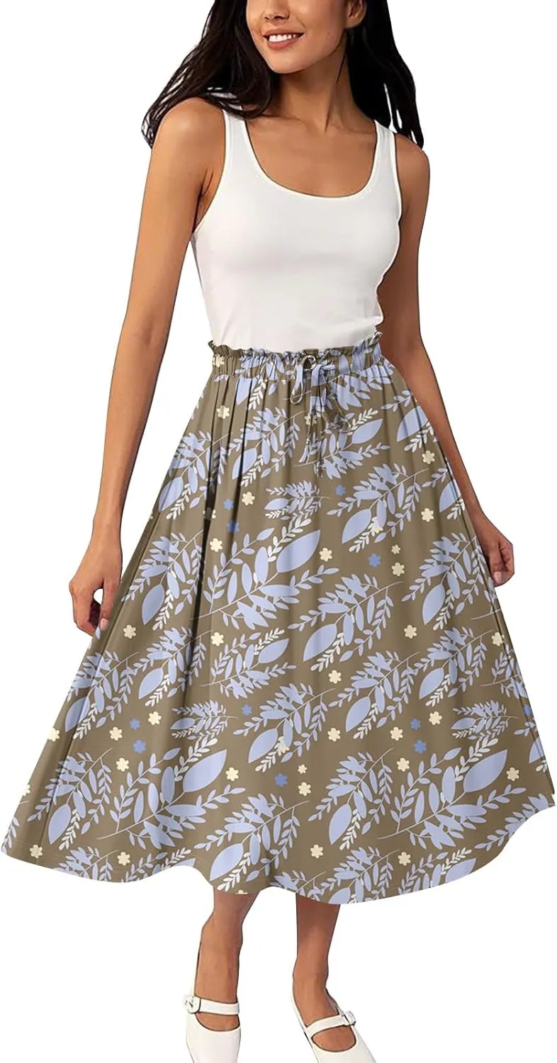 ADHOWBEW Long Skirts for Women Plus Size Casual Flowy A Line Ruffle Beach Midi Length Trendy Cute High Waisted Summer Skirts