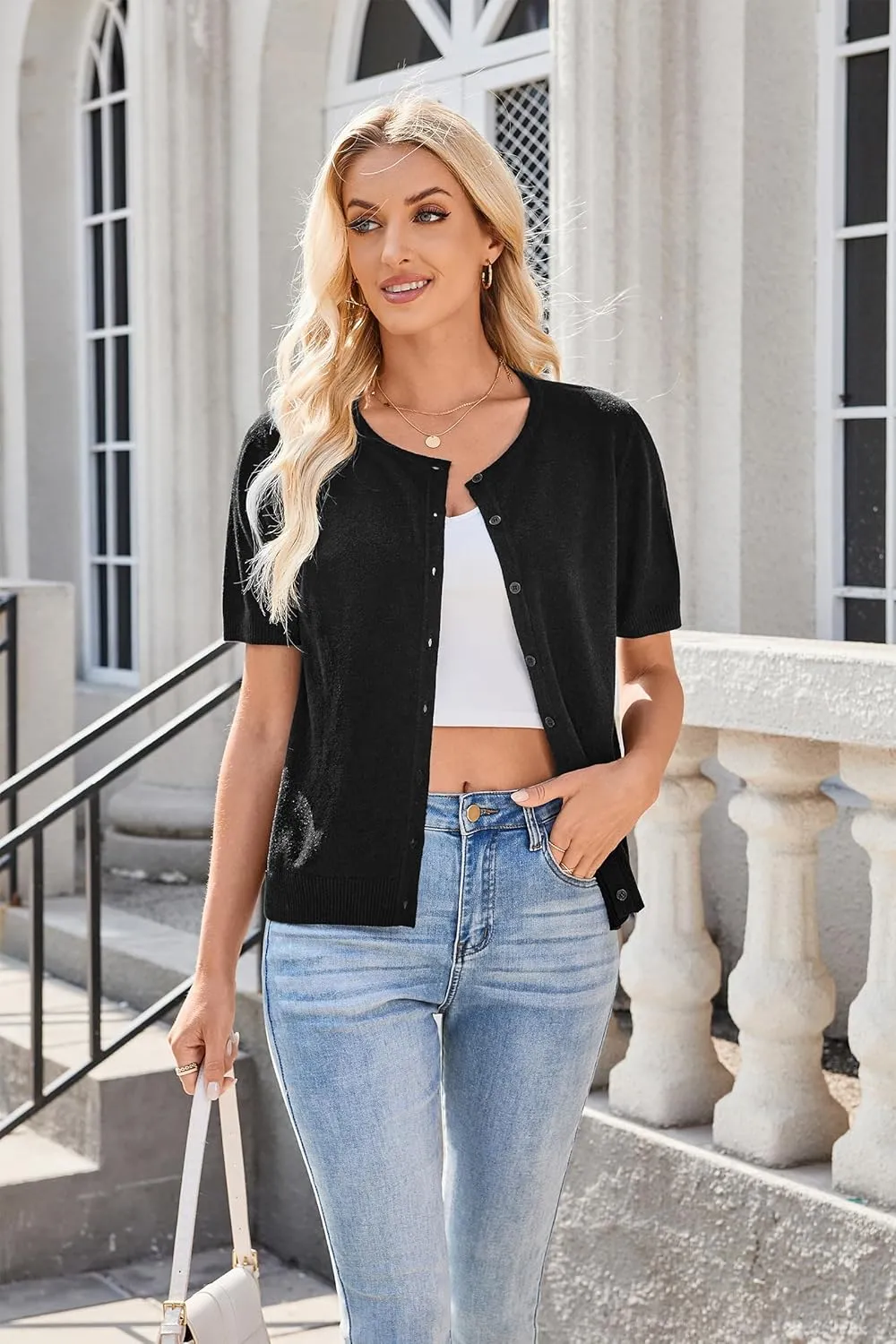 Arach&Cloz Women's 2025 Summer Lightweight Cropped Cardigan Short Sleeve Crew Neck Bolero Shrug Casual Top