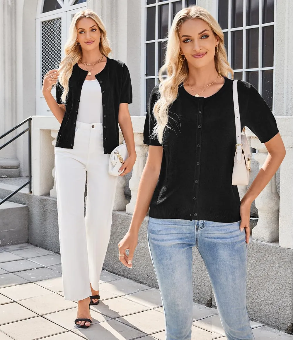 Arach&Cloz Women's 2025 Summer Lightweight Cropped Cardigan Short Sleeve Crew Neck Bolero Shrug Casual Top