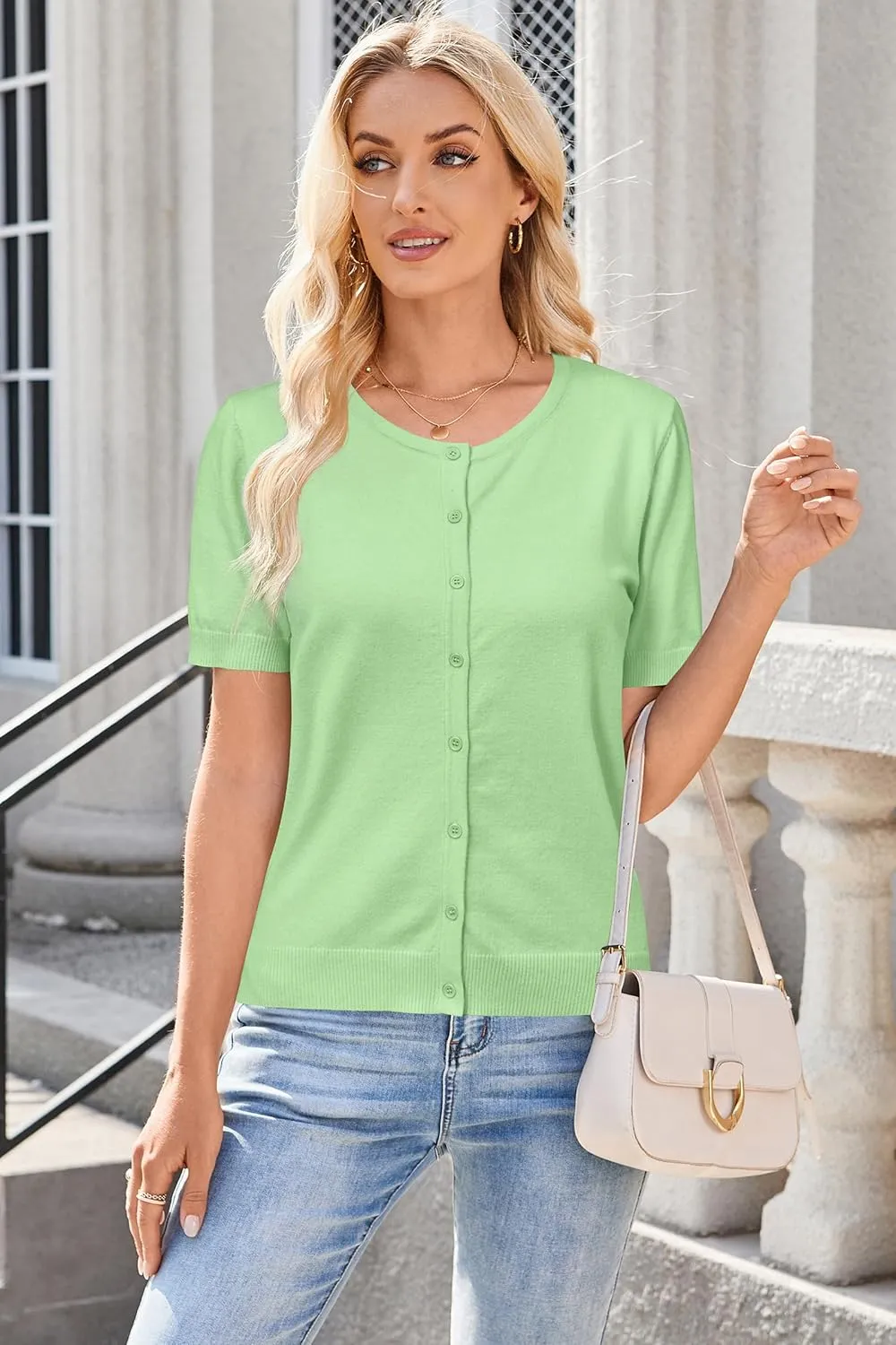 Arach&Cloz Women's 2025 Summer Lightweight Cropped Cardigan Short Sleeve Crew Neck Bolero Shrug Casual Top