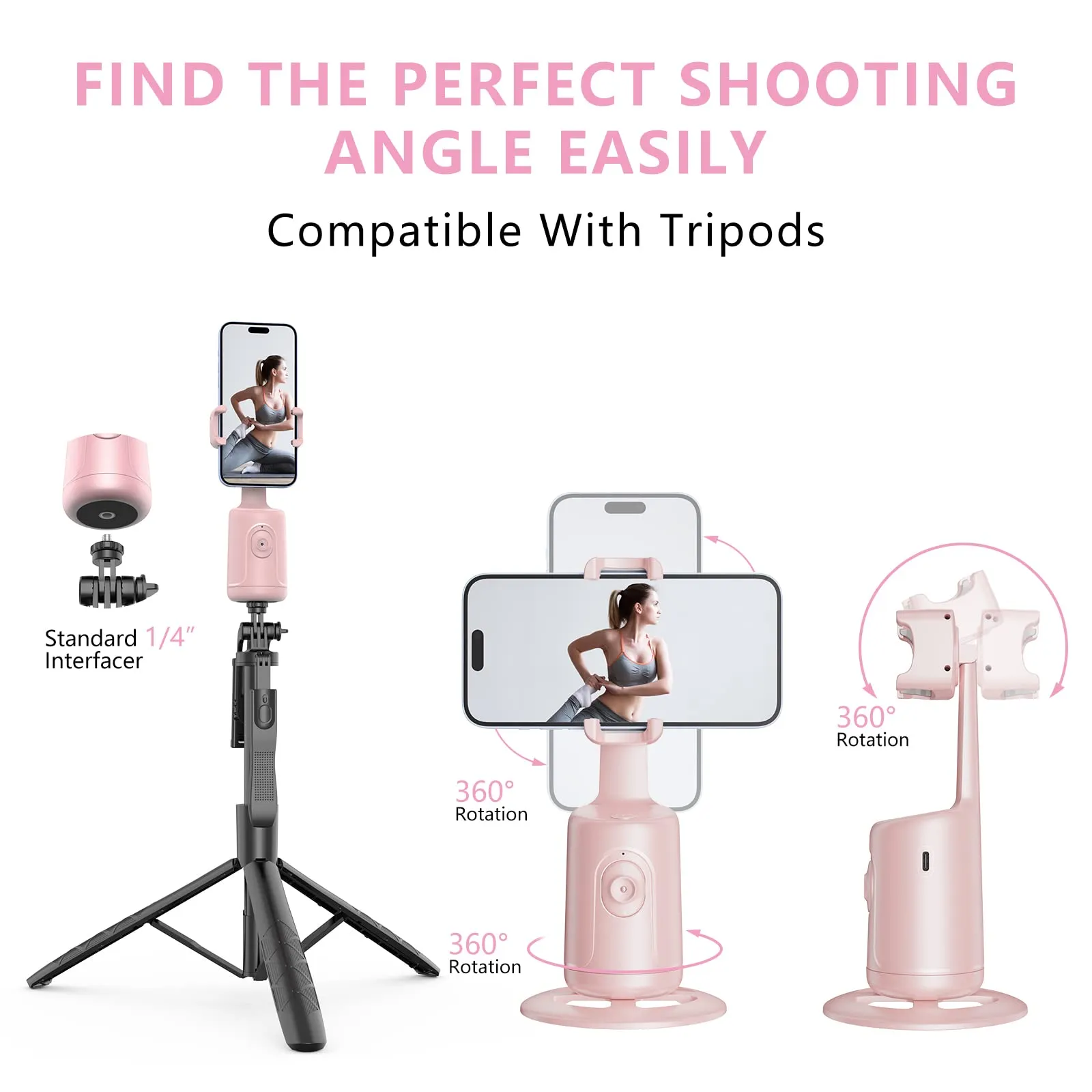 Auto Face Tracking Tripod, No App, 360° Rotation , Tiktok (Pink)