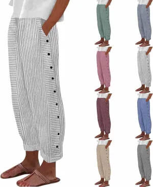 Baggy Striped Pants Women 2025 Trendy Side Button Cotton Linen Pants Straight Leg High Wasited Y2k Pants with Pockets