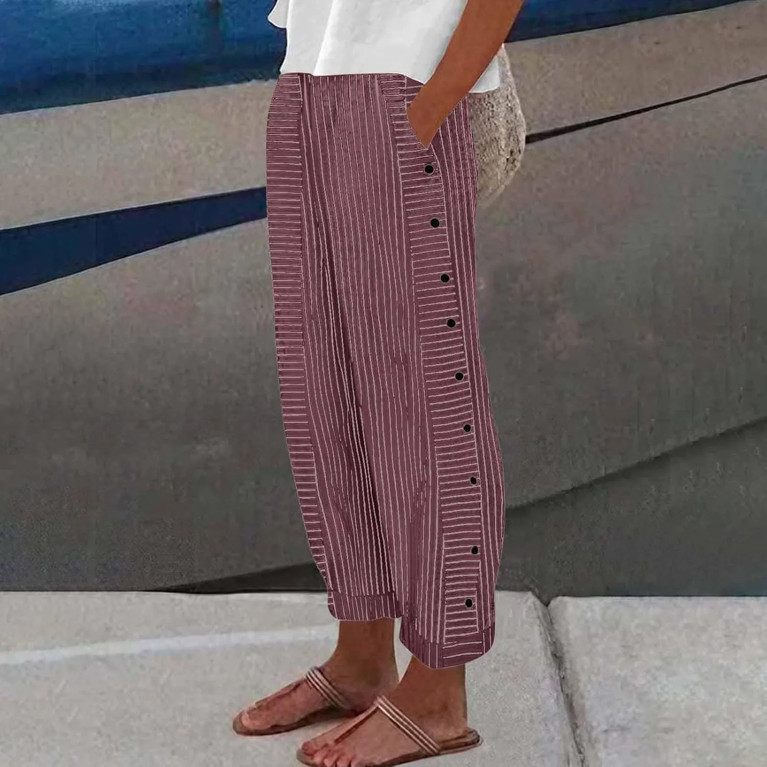Baggy Striped Pants Women 2025 Trendy Side Button Cotton Linen Pants Straight Leg High Wasited Y2k Pants with Pockets