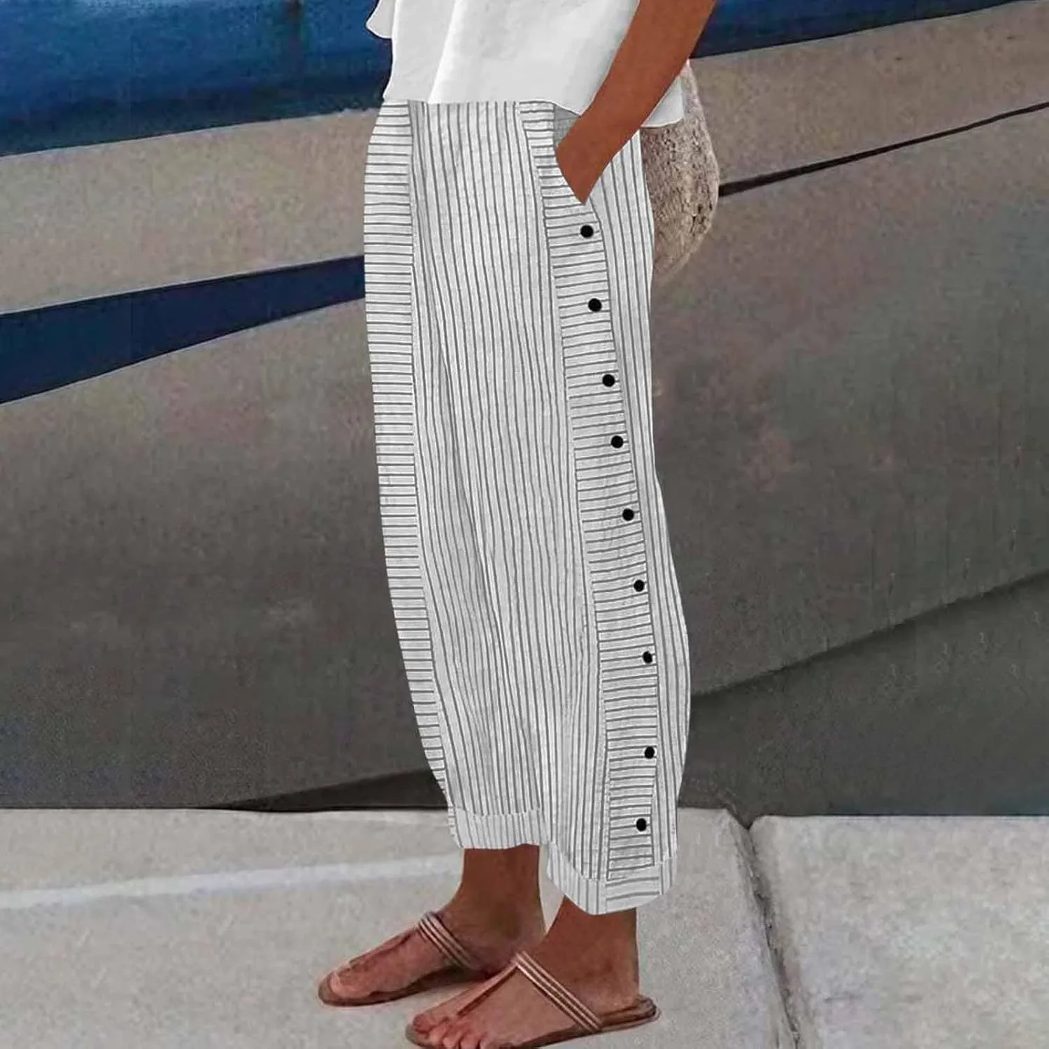 Baggy Striped Pants Women 2025 Trendy Side Button Cotton Linen Pants Straight Leg High Wasited Y2k Pants with Pockets