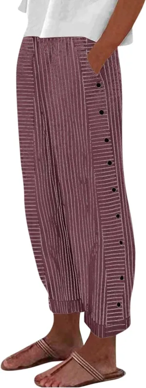 Baggy Striped Pants Women 2025 Trendy Side Button Cotton Linen Pants Straight Leg High Wasited Y2k Pants with Pockets