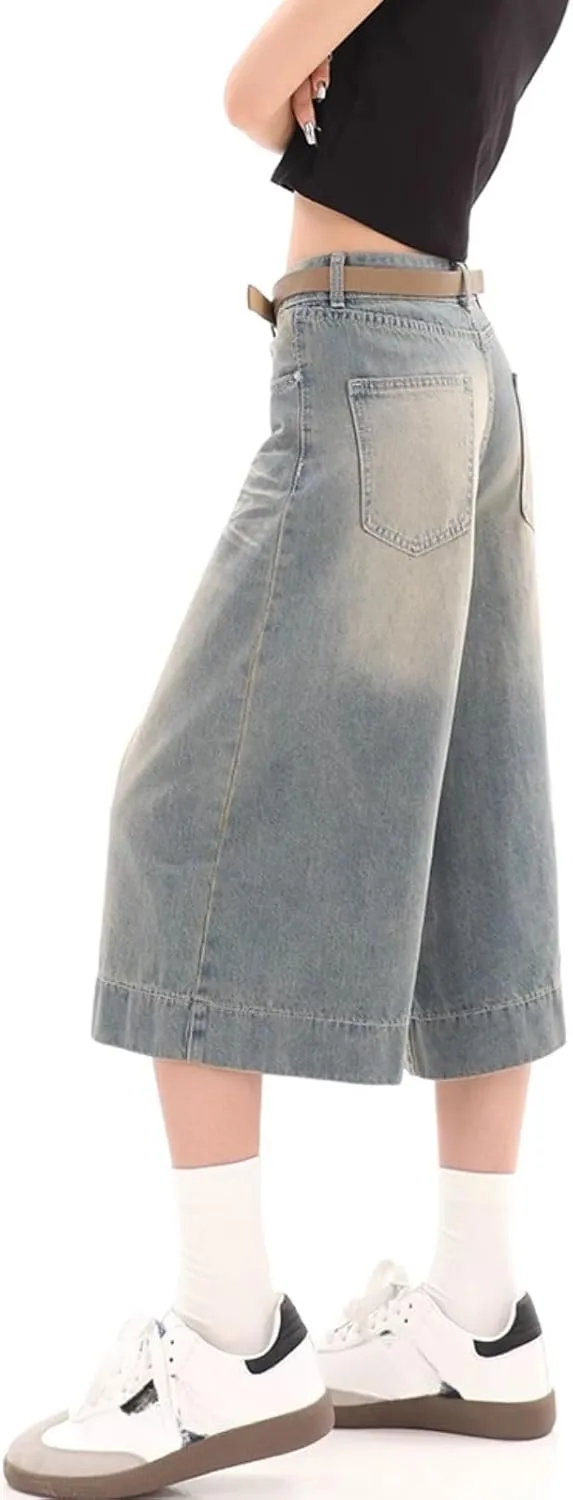 Baggy Wide Leg Cropped Jeans for Women Men Low Waist Jorts Y2k Casual Denim Pants Grunge Summer Clothes.
