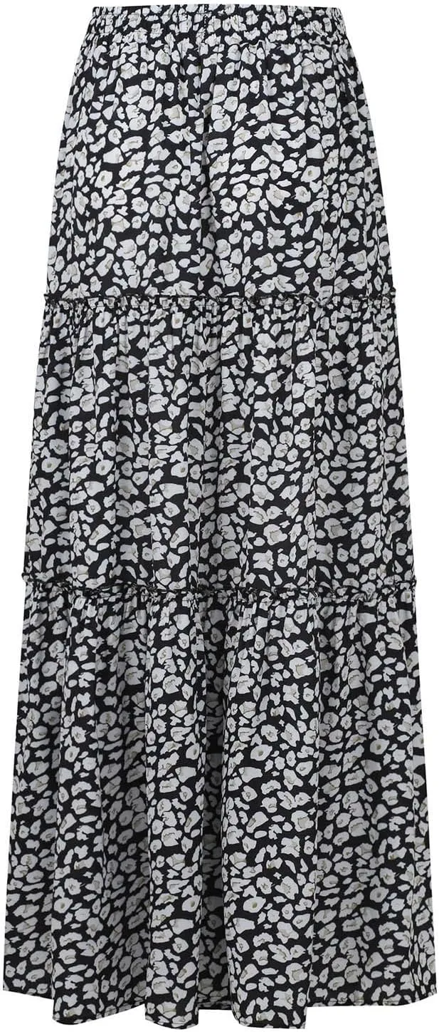 Boho Skirts for Women Pleated Ruffle Flowy Skirt Women's Summer Long Maxi Bohemian High Waist A Line Skirt with Pockets