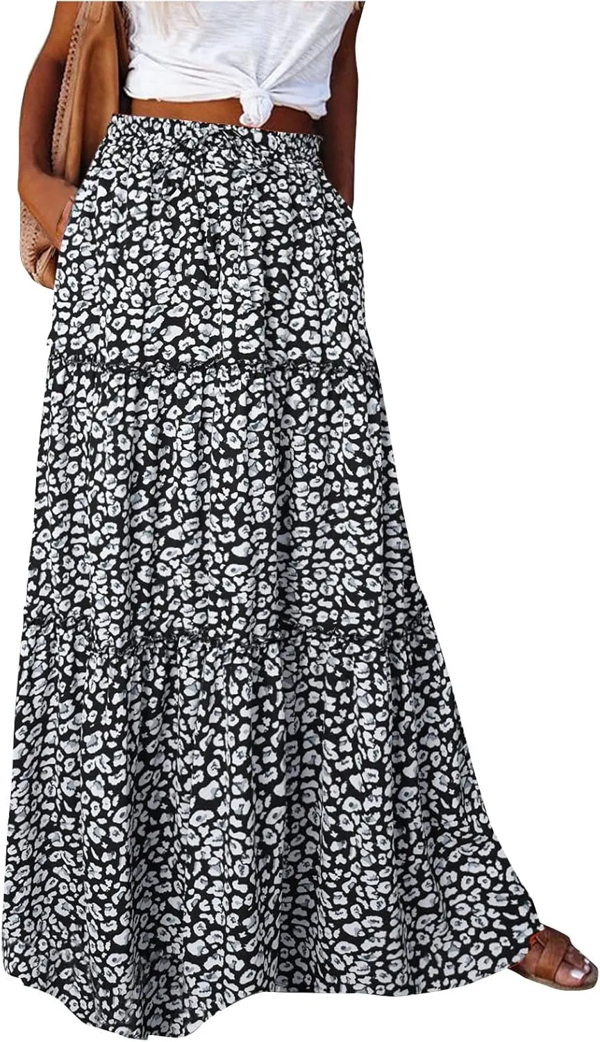Boho Skirts for Women Pleated Ruffle Flowy Skirt Women's Summer Long Maxi Bohemian High Waist A Line Skirt with Pockets