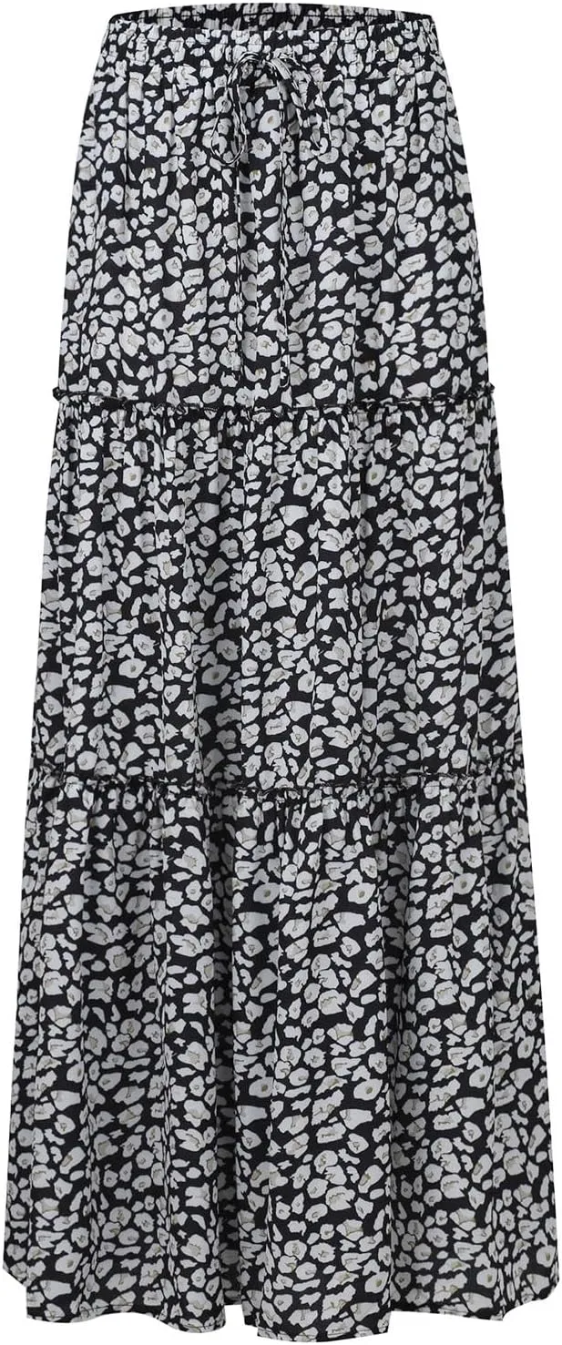 Boho Skirts for Women Pleated Ruffle Flowy Skirt Women's Summer Long Maxi Bohemian High Waist A Line Skirt with Pockets