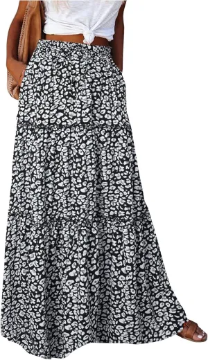 Boho Skirts for Women Pleated Ruffle Flowy Skirt Women's Summer Long Maxi Bohemian High Waist A Line Skirt with Pockets