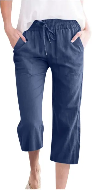 Capri Pants for Women Cotton Linen Summer Pants Elastic Waist Drawstring Wide Leg Capris Beach Travel Vacation Outfits