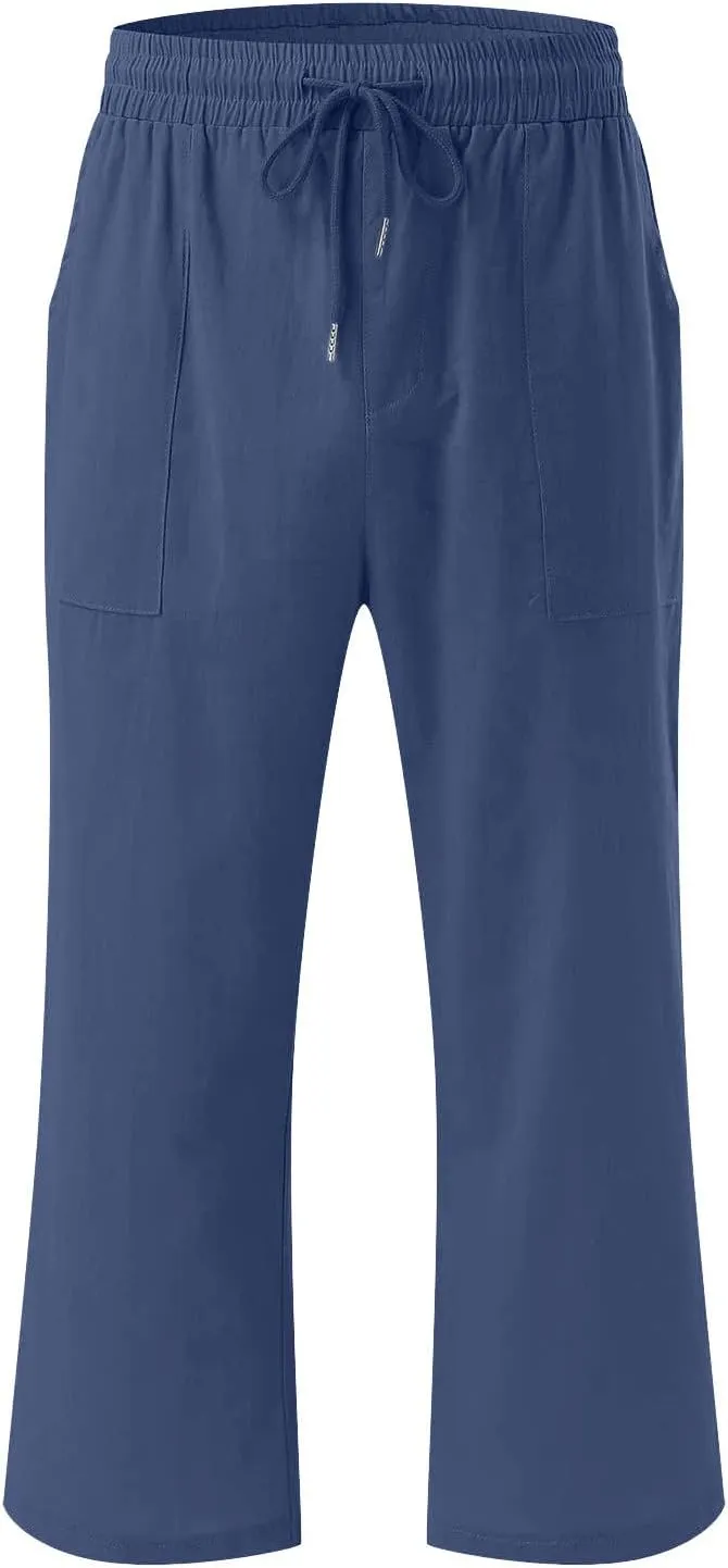 Capri Pants for Women Cotton Linen Summer Pants Elastic Waist Drawstring Wide Leg Capris Beach Travel Vacation Outfits