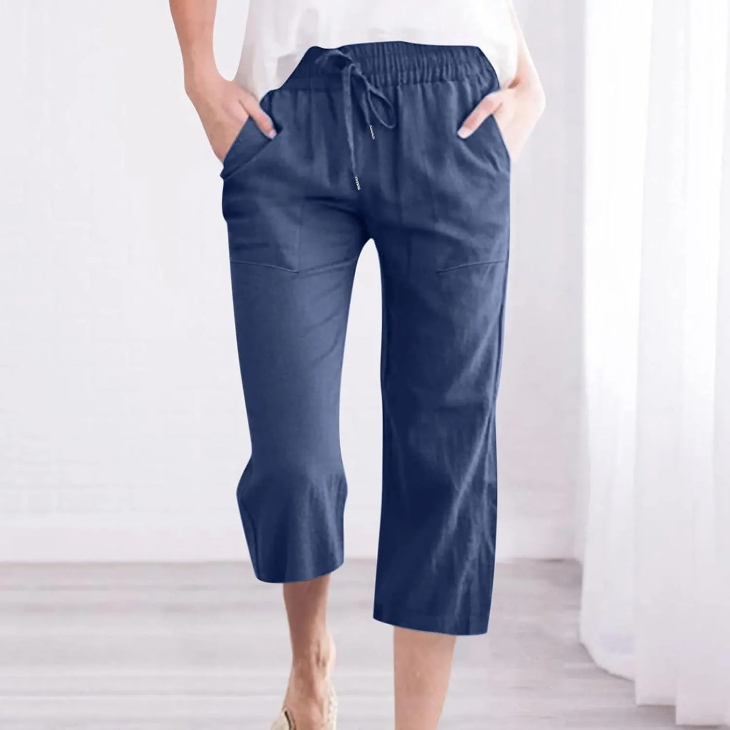 Capri Pants for Women Cotton Linen Summer Pants Elastic Waist Drawstring Wide Leg Capris Beach Travel Vacation Outfits