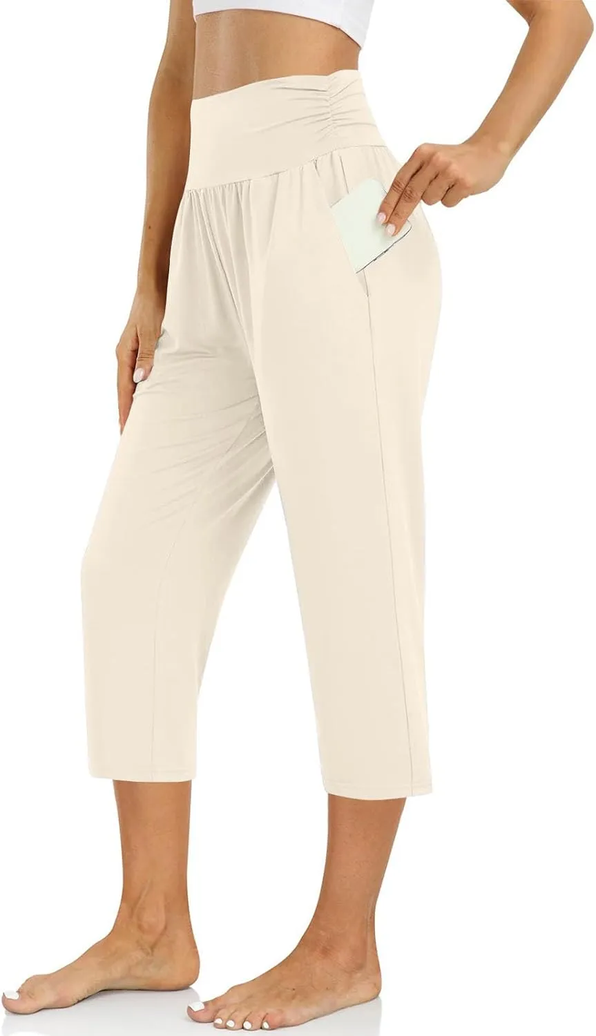 Capri Pants for Women Stretchy Waist Sweatpants Business Casual Slim Straight Leg Trousers Summer Loungewear