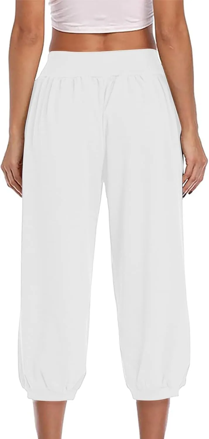 Capris Pants for Women Casual Summer Stretch Linen Capri High Waisted Lounge Baggy Cropped Trousers Ankle Pants with Pockets
