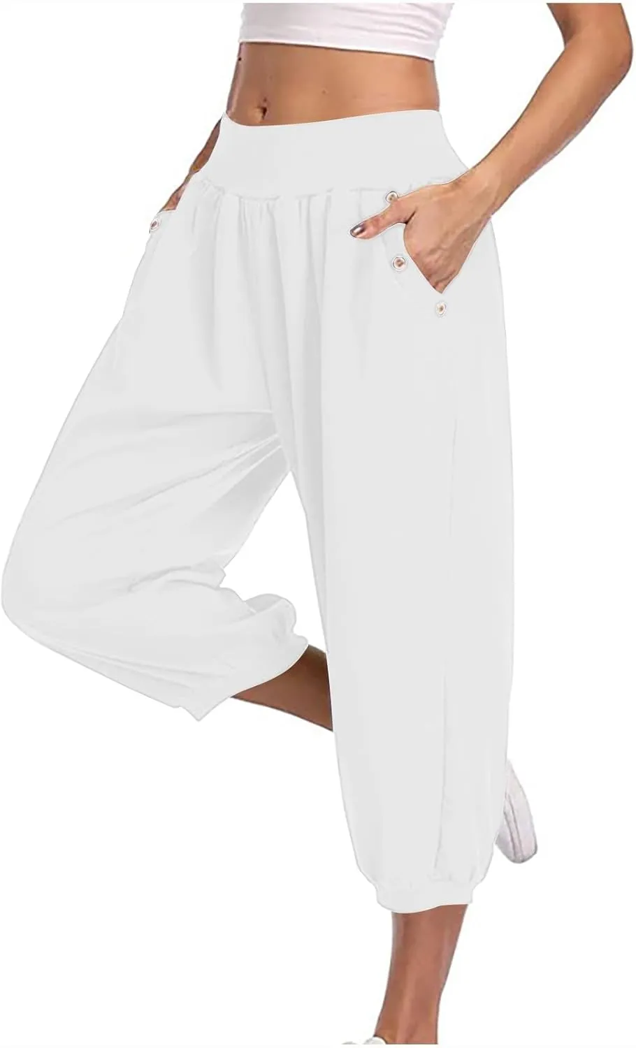 Capris Pants for Women Casual Summer Stretch Linen Capri High Waisted Lounge Baggy Cropped Trousers Ankle Pants with Pockets