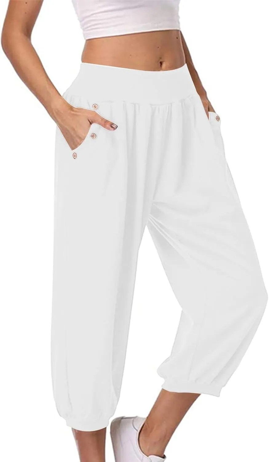 Capris Pants for Women Casual Summer Stretch Linen Capri High Waisted Lounge Baggy Cropped Trousers Ankle Pants with Pockets