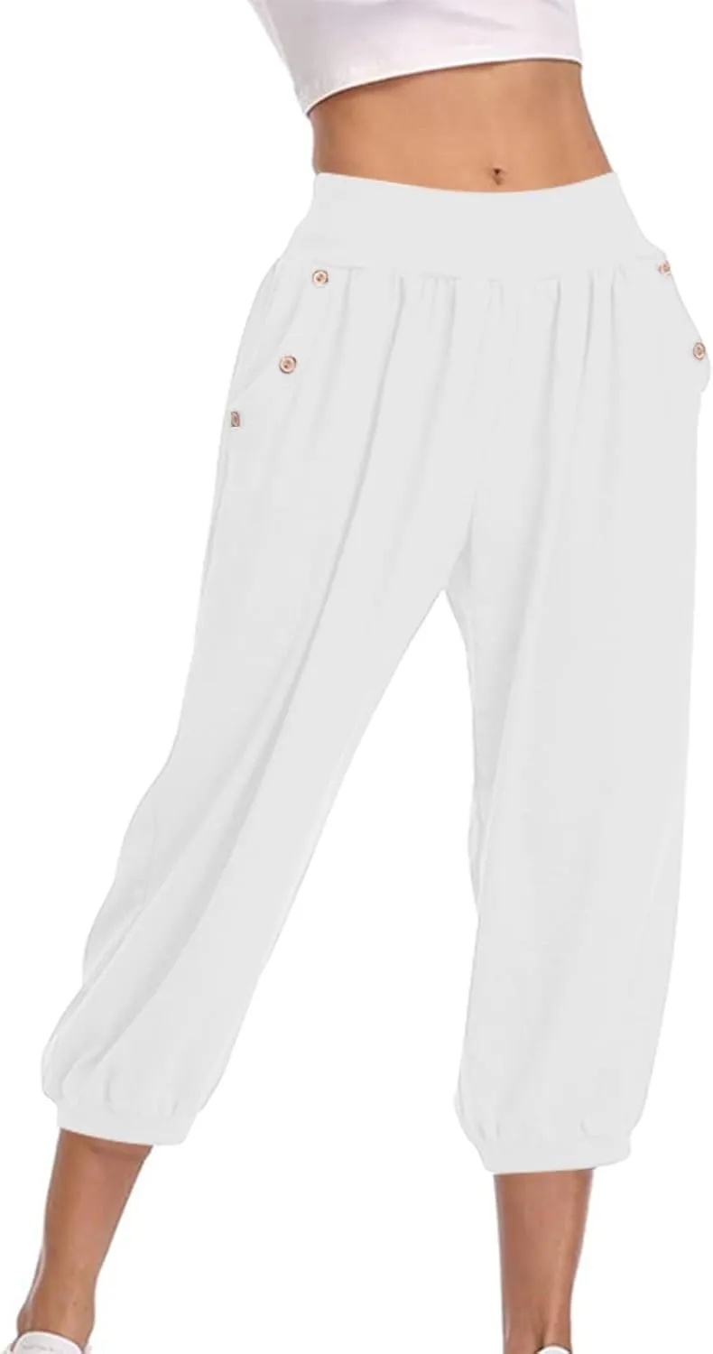 Capris Pants for Women Casual Summer Stretch Linen Capri High Waisted Lounge Baggy Cropped Trousers Ankle Pants with Pockets
