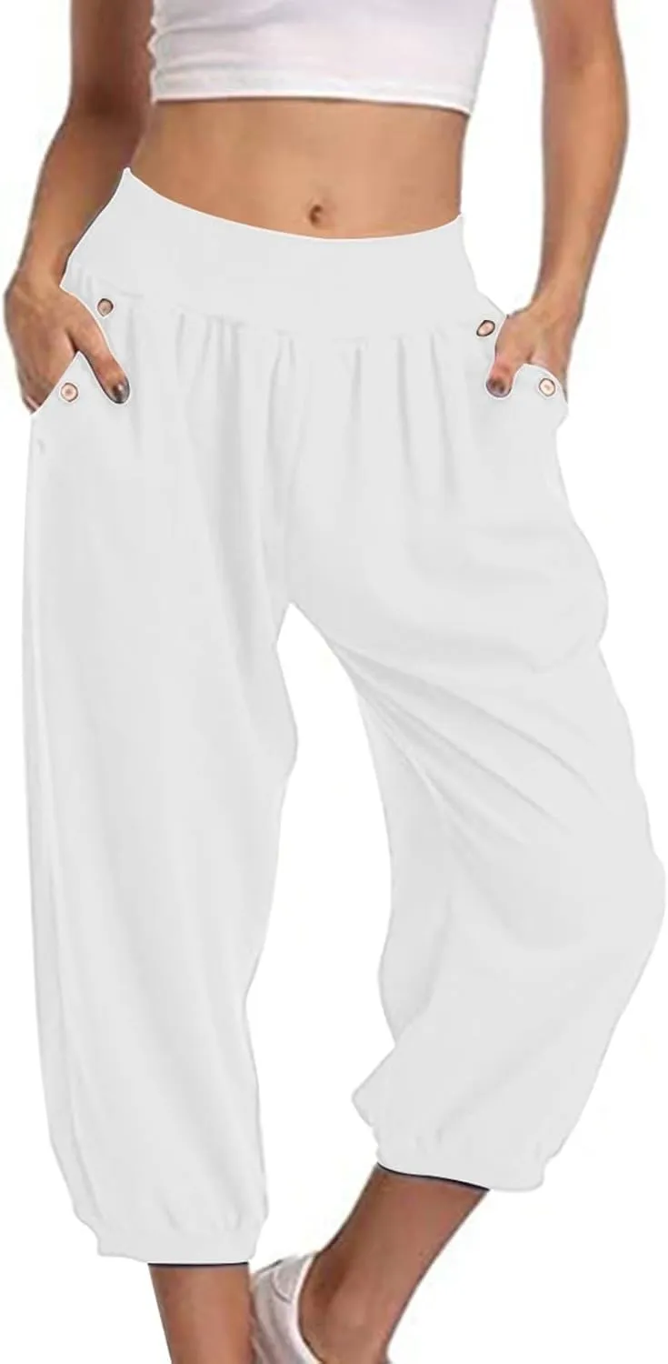 Capris Pants for Women Casual Summer Stretch Linen Capri High Waisted Lounge Baggy Cropped Trousers Ankle Pants with Pockets