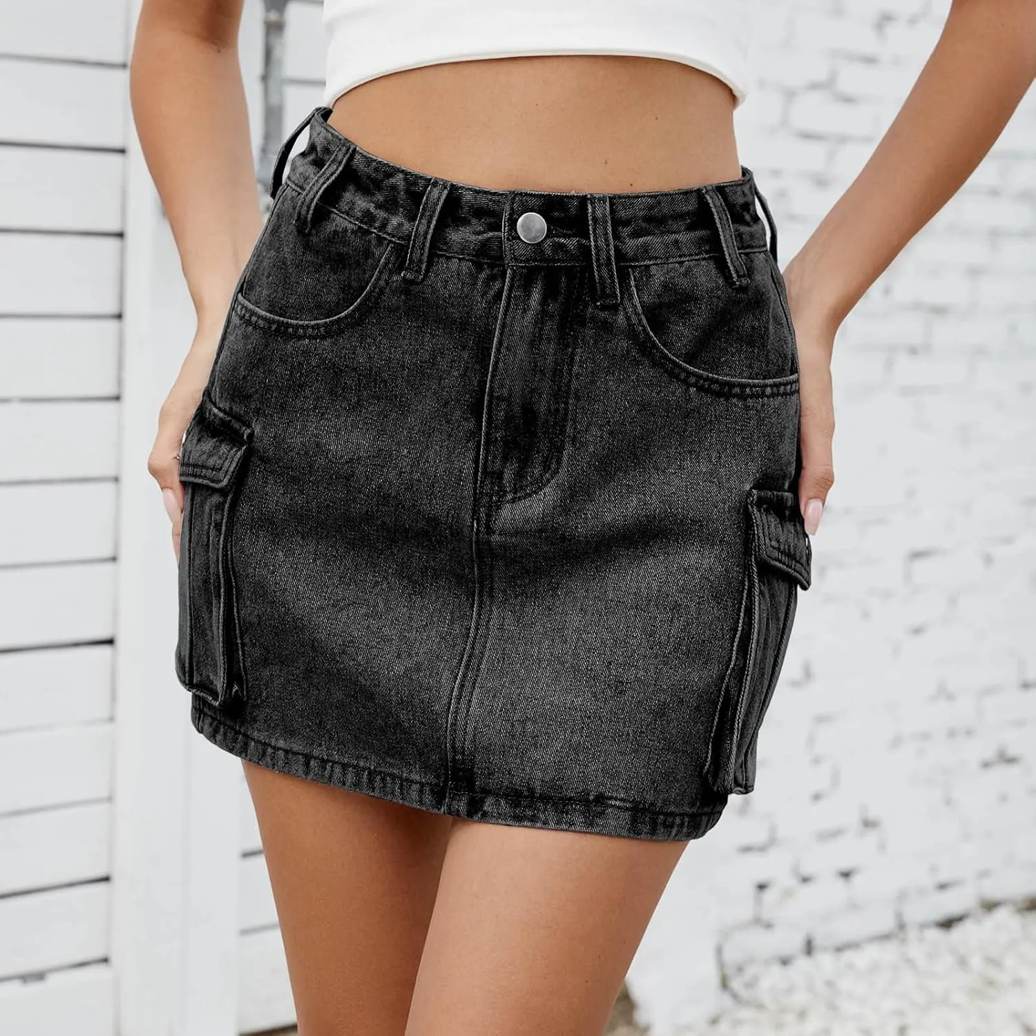 Cargo Skirt for Women Low Waist Y2k Mini Denim Skirt Cute Casual Jean Skirts Button Down Streetwear with Pockets