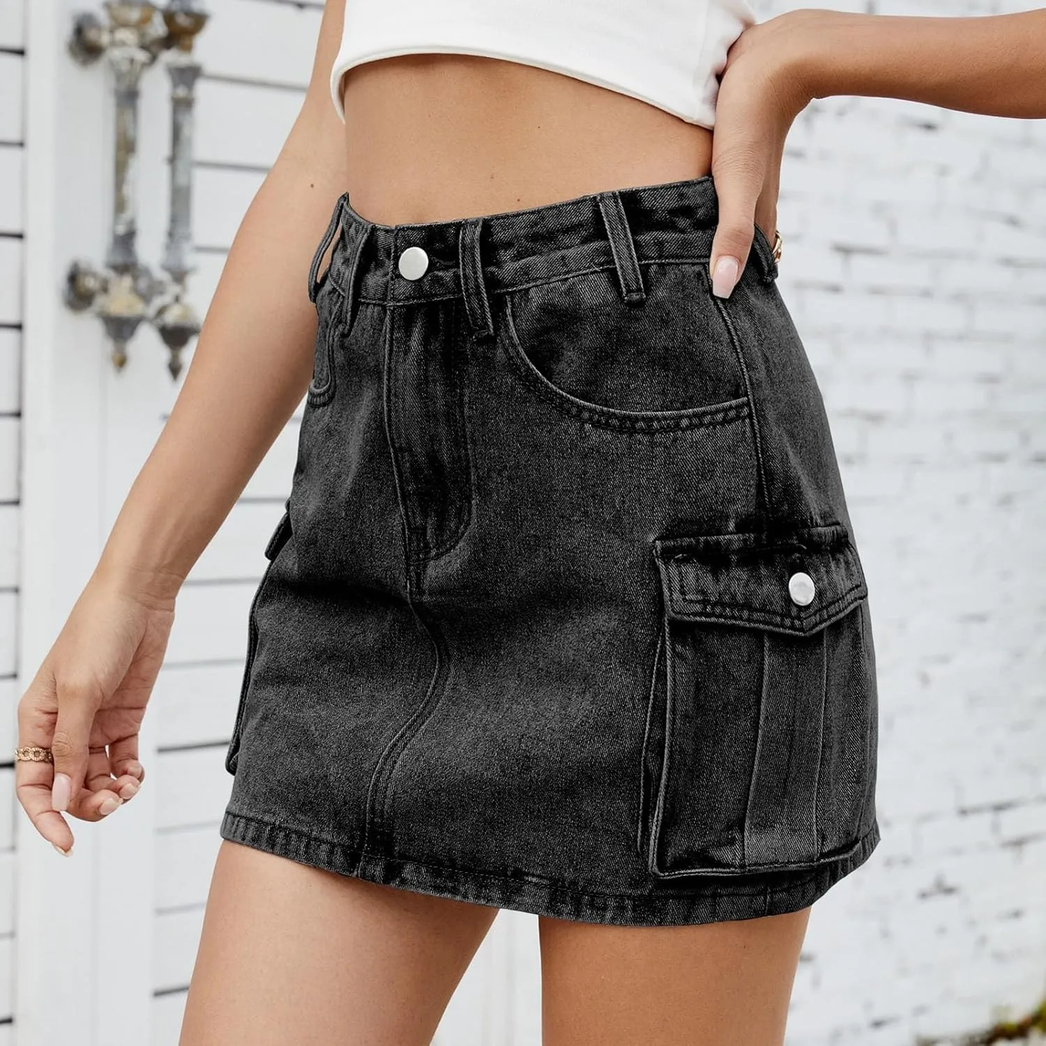 Cargo Skirt for Women Low Waist Y2k Mini Denim Skirt Cute Casual Jean Skirts Button Down Streetwear with Pockets