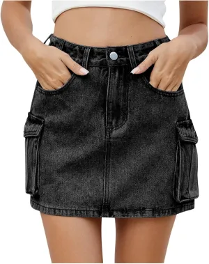 Cargo Skirt for Women Low Waist Y2k Mini Denim Skirt Cute Casual Jean Skirts Button Down Streetwear with Pockets