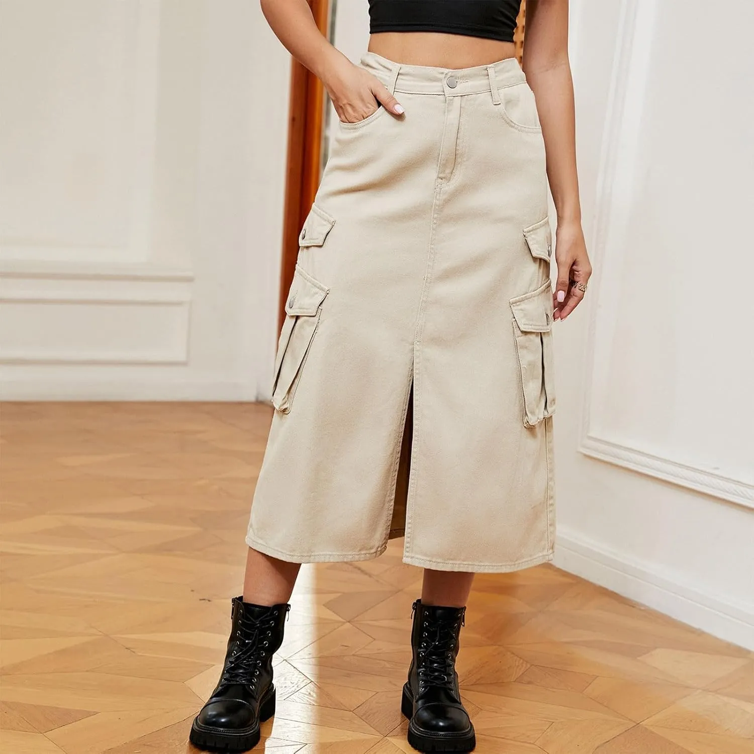 Cargo Skirts for Women Button High Waist Slit Midi Skirt with Pocket Casual Solid Color Jean Skirt