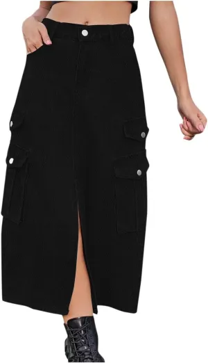 Cargo Skirts for Women Button High Waist Slit Midi Skirt with Pocket Casual Solid Color Jean Skirt