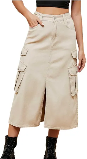 Cargo Skirts for Women Button High Waist Slit Midi Skirt with Pocket Casual Solid Color Jean Skirt