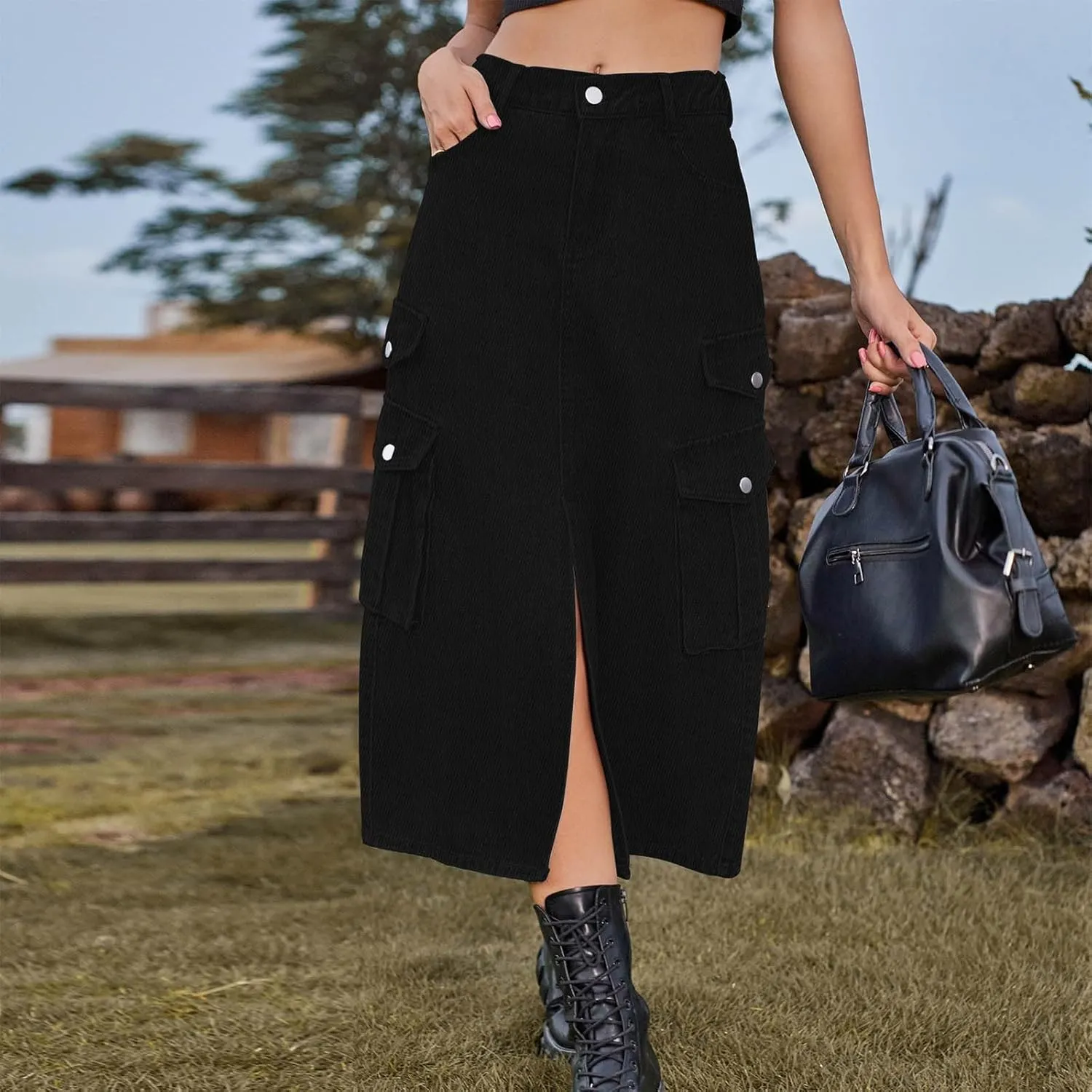 Cargo Skirts for Women Button High Waist Slit Midi Skirt with Pocket Casual Solid Color Jean Skirt