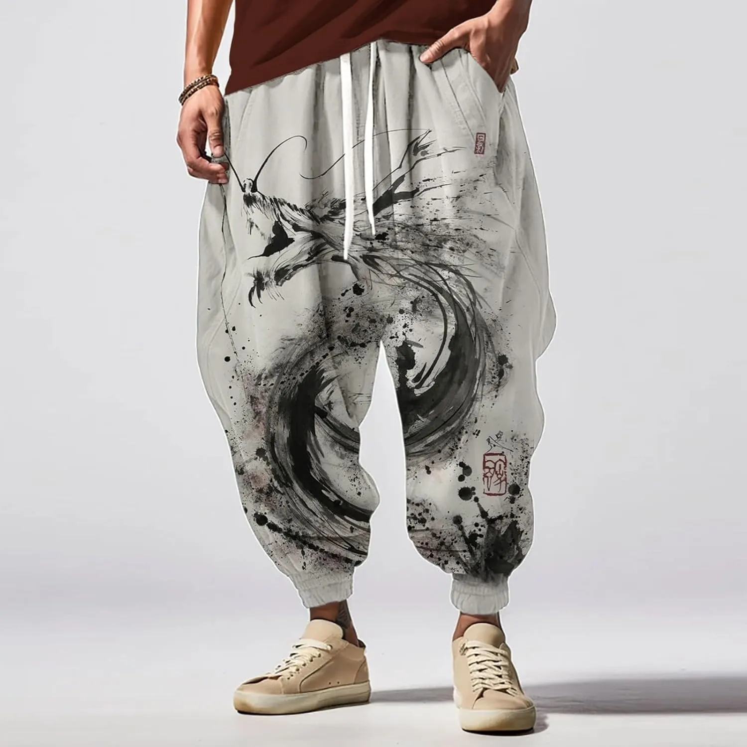 Casual Baggy Cotton Drawstring Tapered Sweatpants Sweatpants Mens Sweatpants with Pockets Black Harem Pants