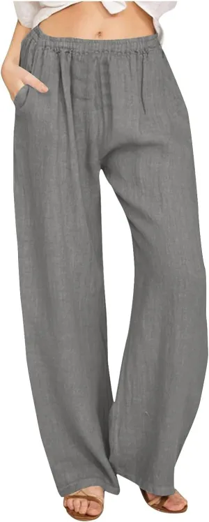 Casual Pants for Women 2025 Summer Cotton Linen Wide Leg Boho High Elastic Waist Lounge Long Trousers with Pockets