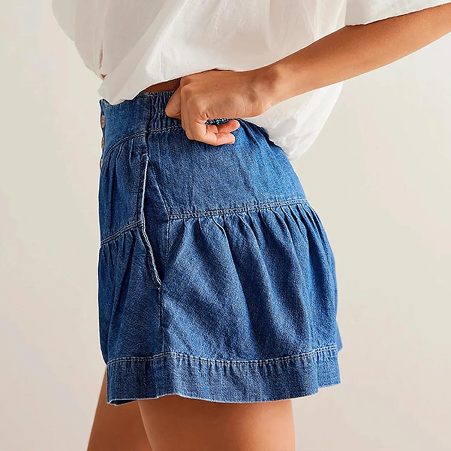 CHARTOU Women Cute Ruffle Hem Denim Short High Waist Wide Leg Jean Shorts Flare Stretchy Short with Pockets