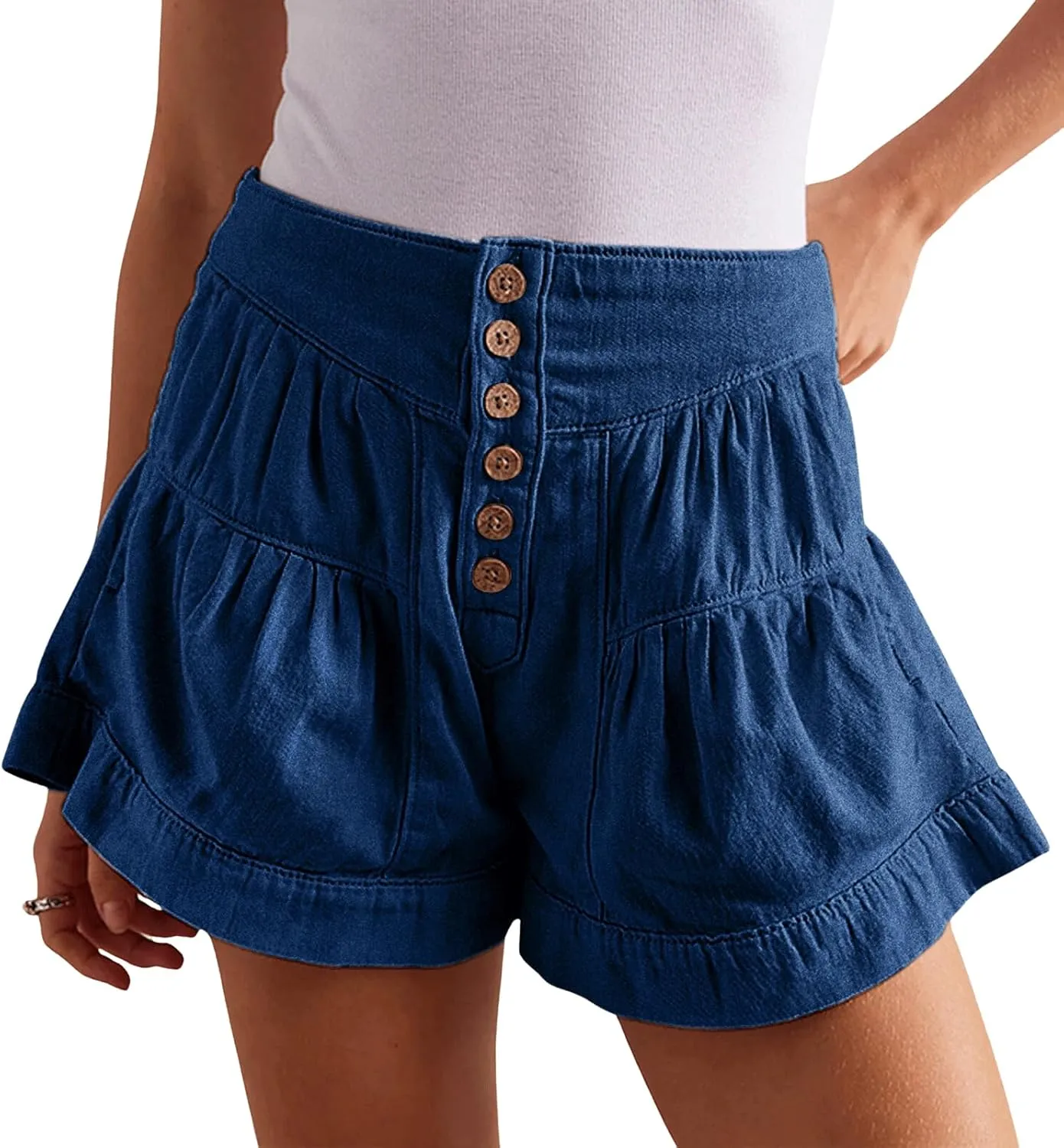CHARTOU Women Cute Ruffle Hem Denim Short High Waist Wide Leg Jean Shorts Flare Stretchy Short with Pockets