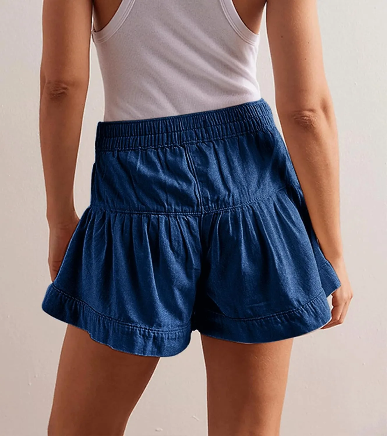 CHARTOU Women Cute Ruffle Hem Denim Short High Waist Wide Leg Jean Shorts Flare Stretchy Short with Pockets