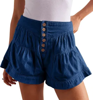 CHARTOU Women Cute Ruffle Hem Denim Short High Waist Wide Leg Jean Shorts Flare Stretchy Short with Pockets
