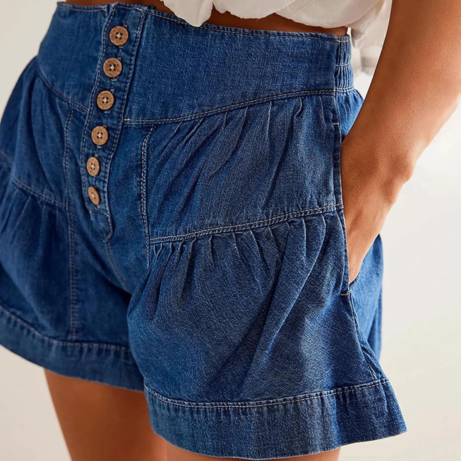 CHARTOU Women Cute Ruffle Hem Denim Short High Waist Wide Leg Jean Shorts Flare Stretchy Short with Pockets