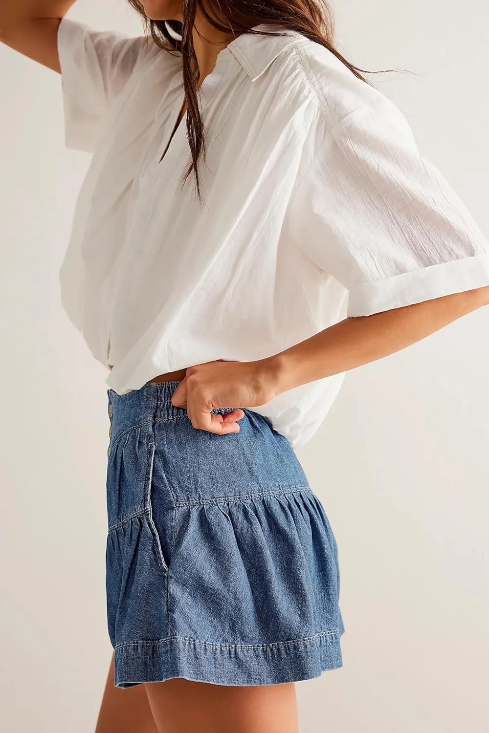 Cicy Bell Womens Summer Flowy Jean Shorts Button Up High Waisted Wide Leg Denim Skort with Pockets