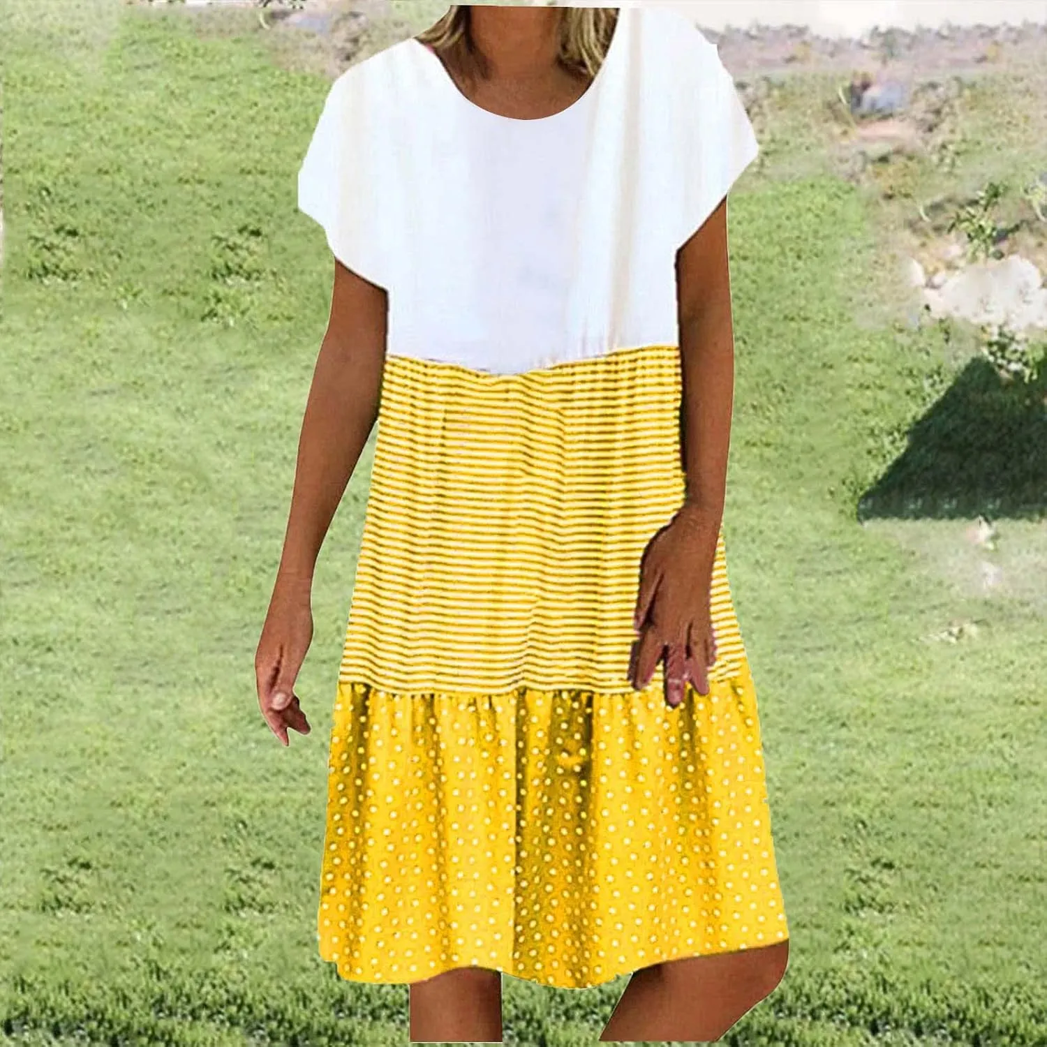 Colorblock Midi Dress for Women 2025 Summer Short Sleeve Loose Tshirt Dress Casual Crewneck Tiered Flowy Sundress