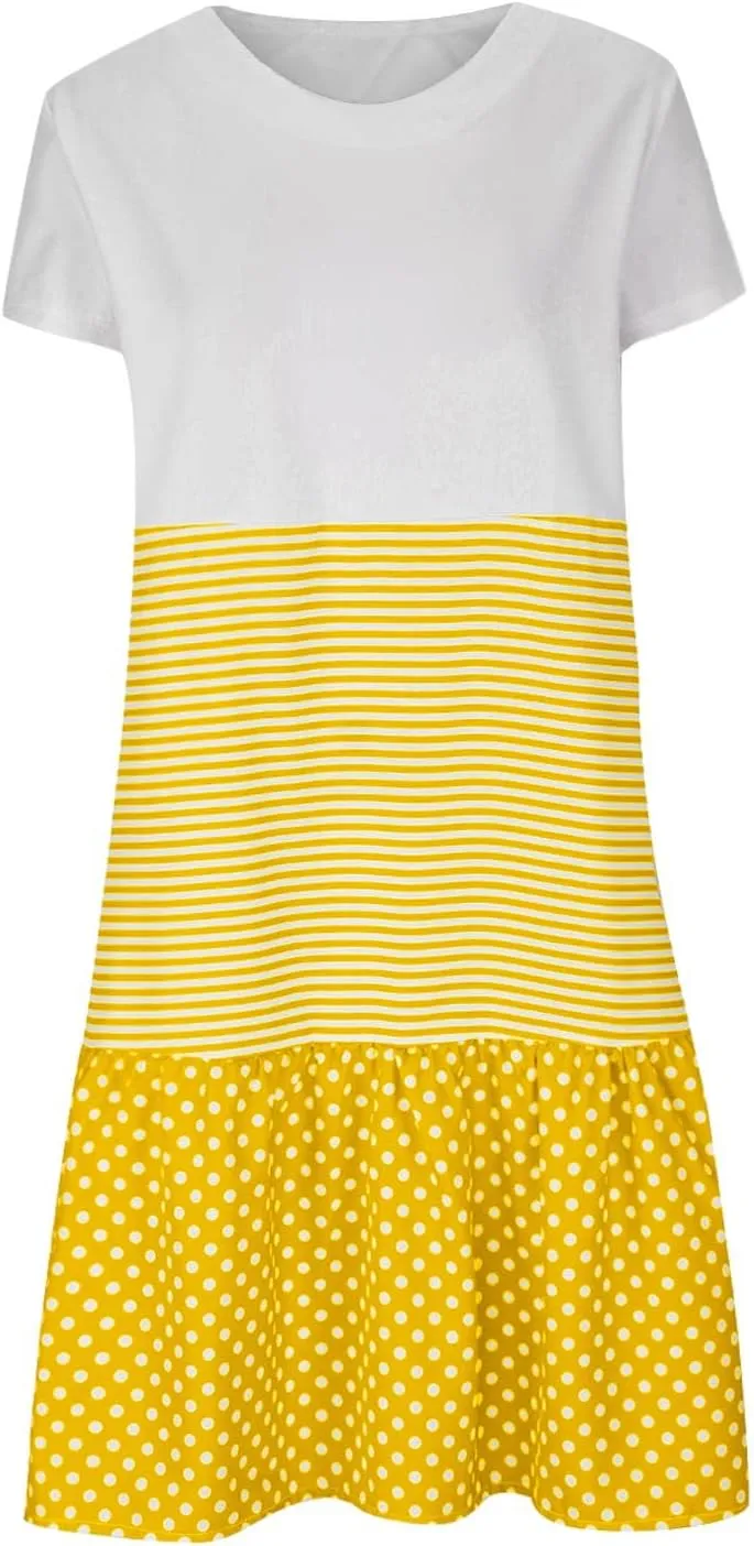 Colorblock Midi Dress for Women 2025 Summer Short Sleeve Loose Tshirt Dress Casual Crewneck Tiered Flowy Sundress