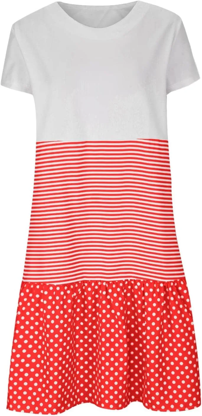 Colorblock Midi Dress for Women 2025 Summer Short Sleeve Loose Tshirt Dress Casual Crewneck Tiered Flowy Sundress