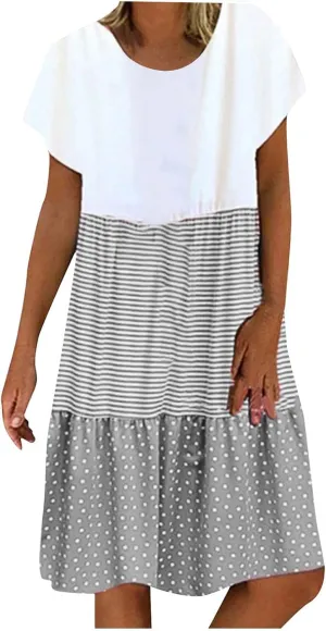 Colorblock Midi Dress for Women 2025 Summer Short Sleeve Loose Tshirt Dress Casual Crewneck Tiered Flowy Sundress