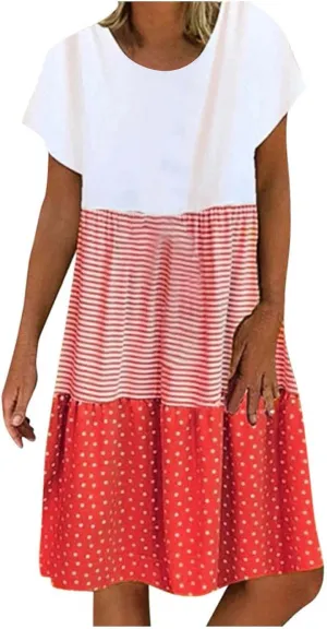 Colorblock Midi Dress for Women 2025 Summer Short Sleeve Loose Tshirt Dress Casual Crewneck Tiered Flowy Sundress