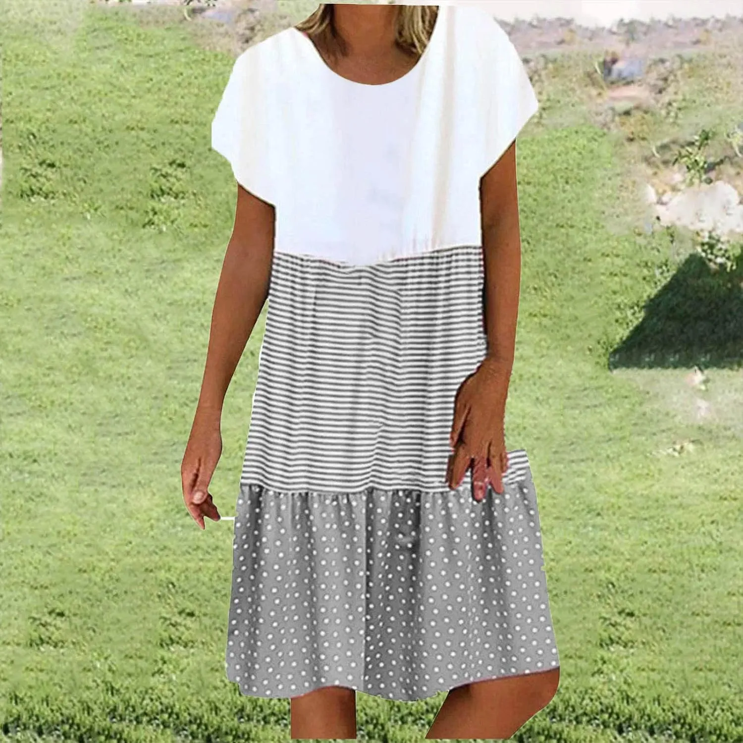 Colorblock Midi Dress for Women 2025 Summer Short Sleeve Loose Tshirt Dress Casual Crewneck Tiered Flowy Sundress
