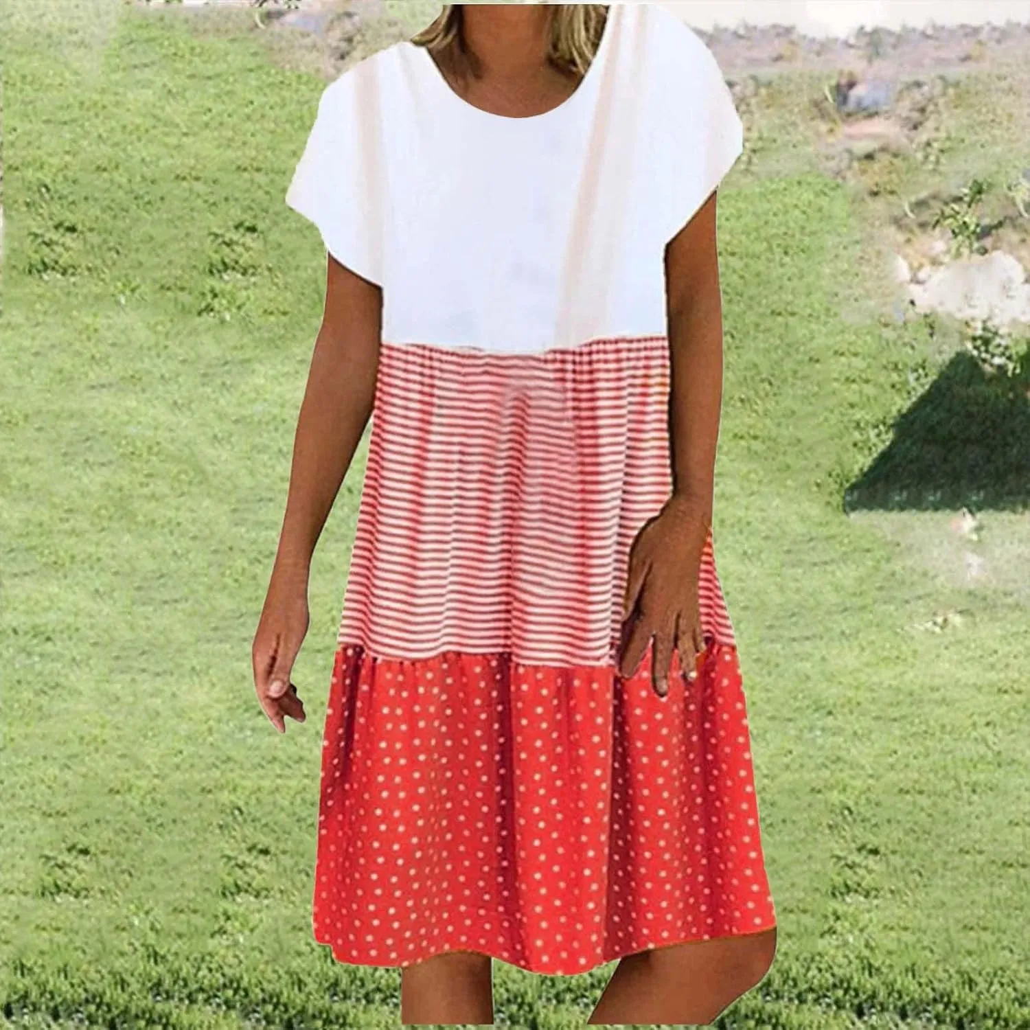 Colorblock Midi Dress for Women 2025 Summer Short Sleeve Loose Tshirt Dress Casual Crewneck Tiered Flowy Sundress