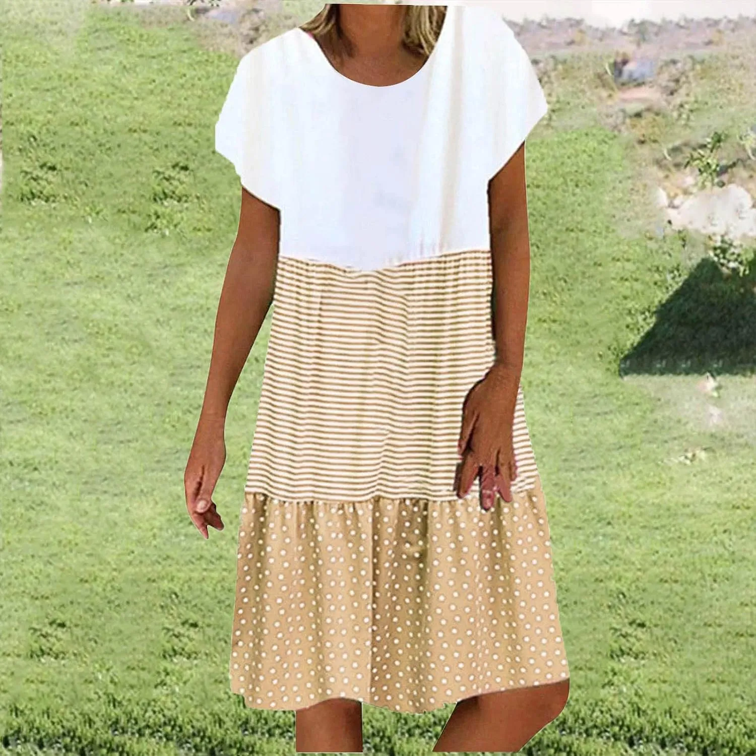 Colorblock Midi Dress for Women 2025 Summer Short Sleeve Loose Tshirt Dress Casual Crewneck Tiered Flowy Sundress