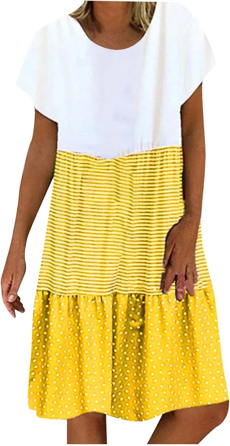 Colorblock Midi Dress for Women 2025 Summer Short Sleeve Loose Tshirt Dress Casual Crewneck Tiered Flowy Sundress